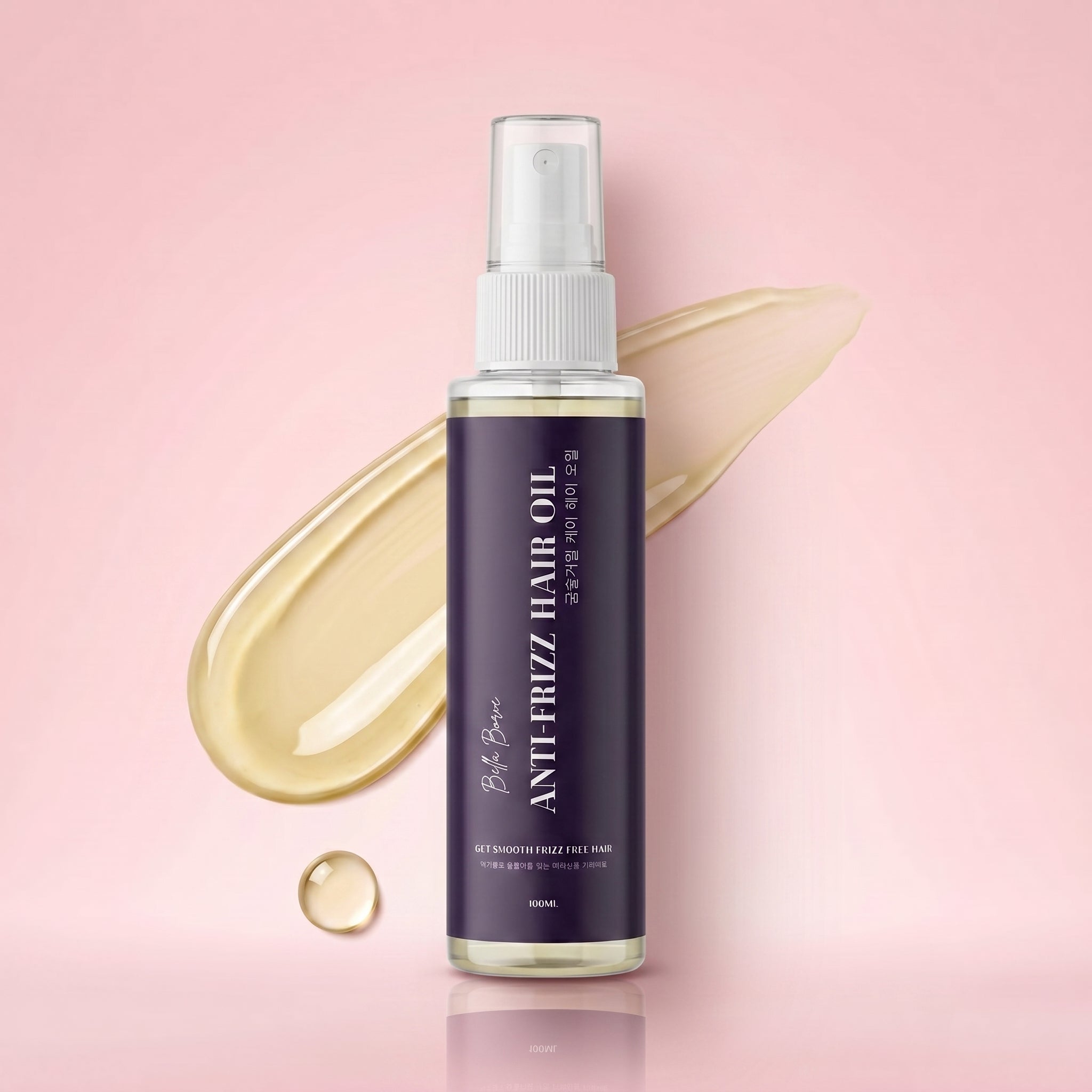 Anti-frizz hair oil bottle with a droplet on a pink background