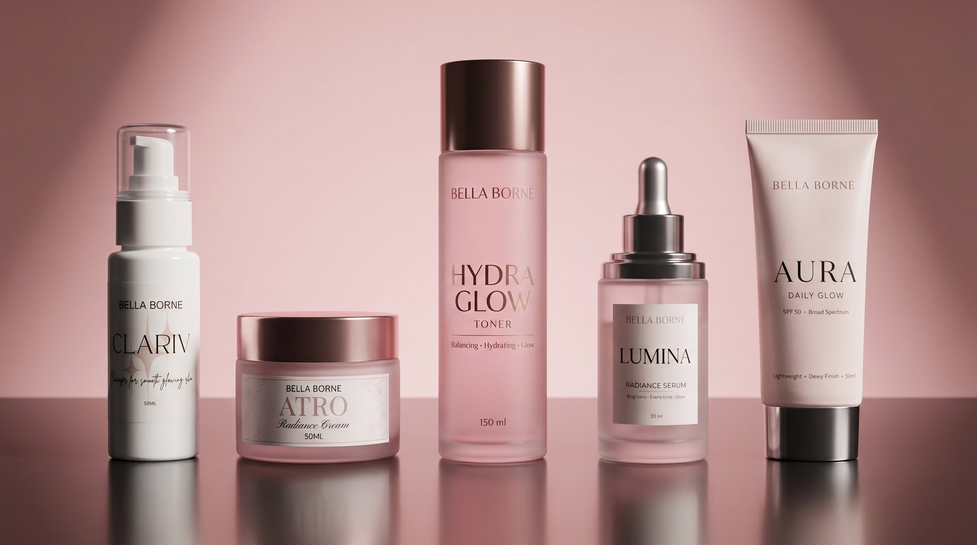 Bella Bionde skincare products on a pink background