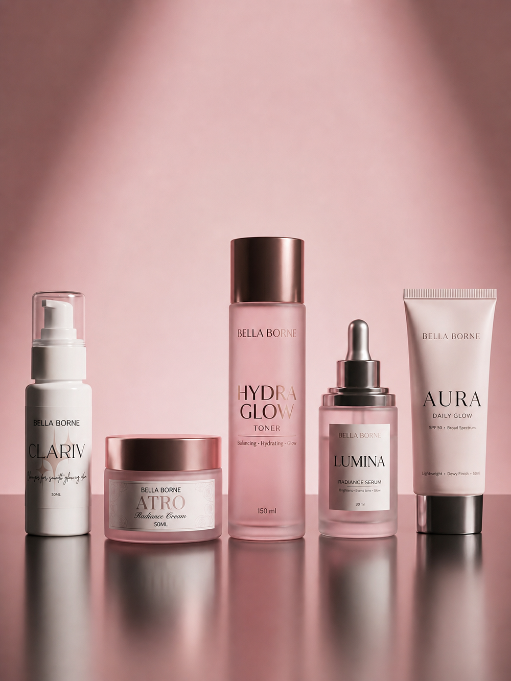 Collection of Bella Borne skincare products on a pink background