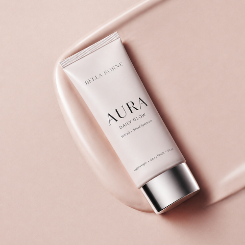Bella Borne Aura Daily Glow tube on a pink background