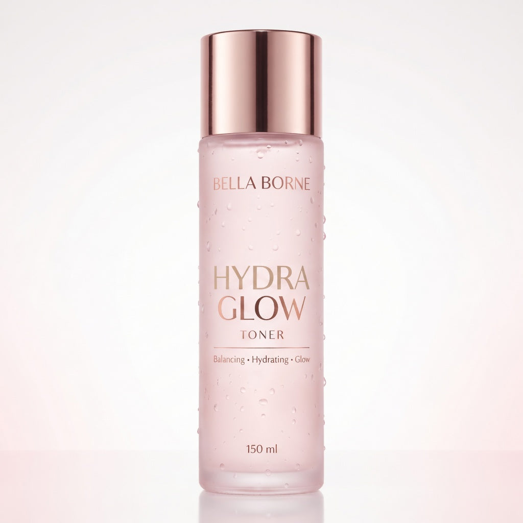 Bella Borne Hydra Glow toner bottle on a light background