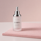 Lumina radiance serum bottle on a pink background