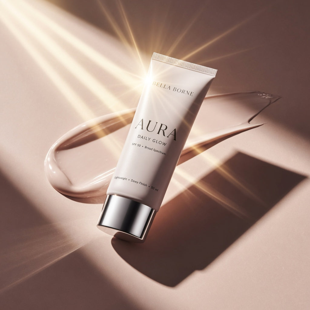 Skincare tube labeled 'Aura' on a soft pink background with lens flare effect