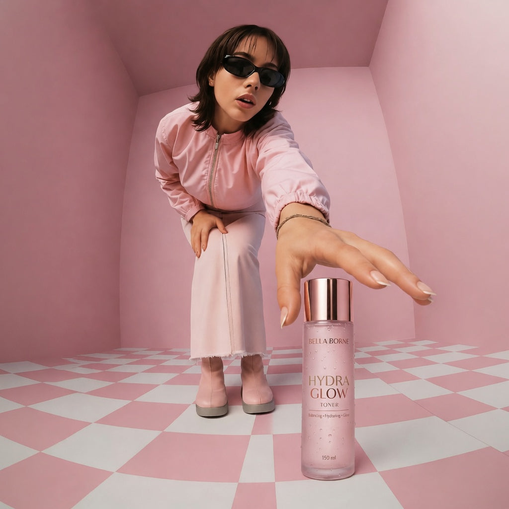 Person in pink outfit with a bottle labeled 'Hydra Glow' on a checkered floor and pink walls.