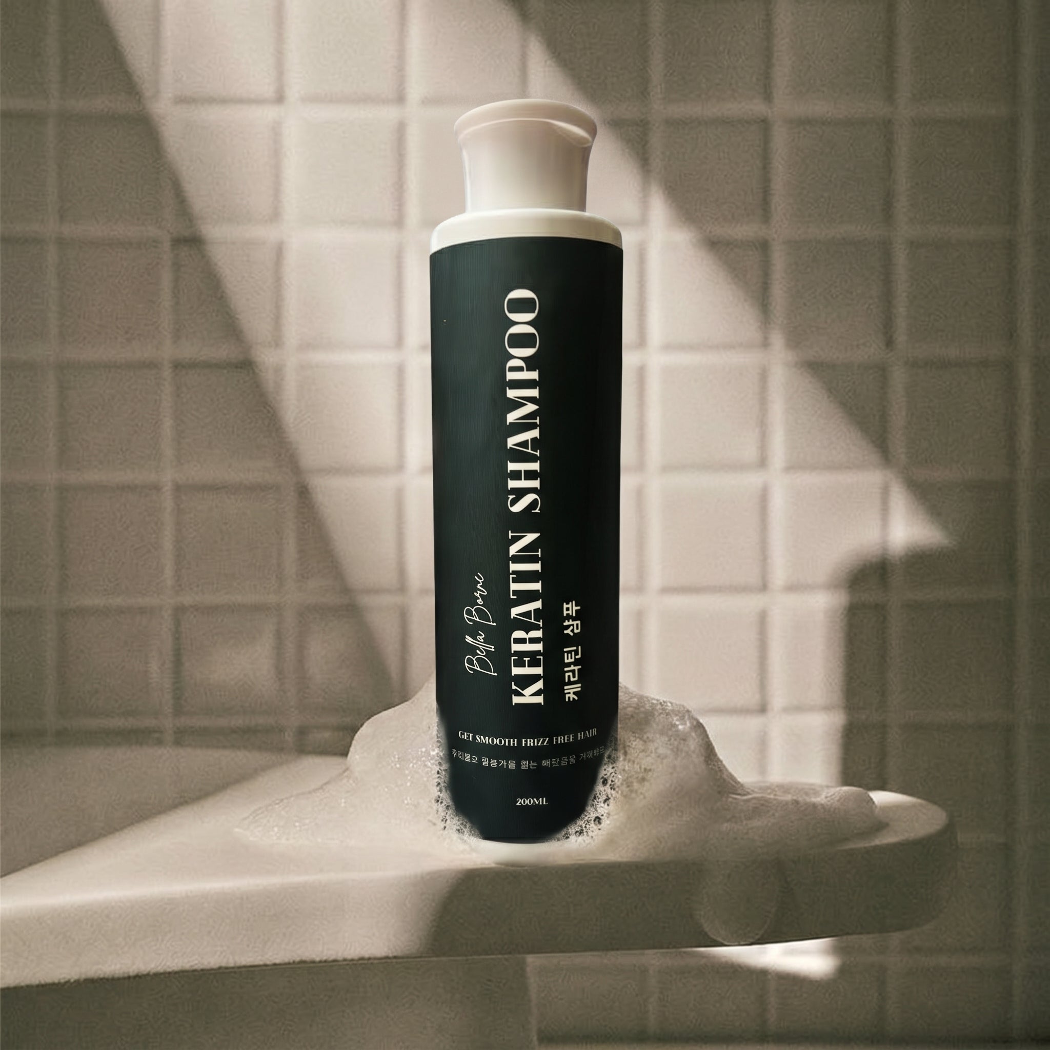 Bottle of shampoo on a sink with tiled wall background