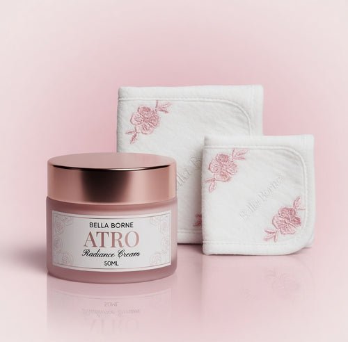 Bella Borne ATRO Radiance Cream jar with white pouches on a pink background