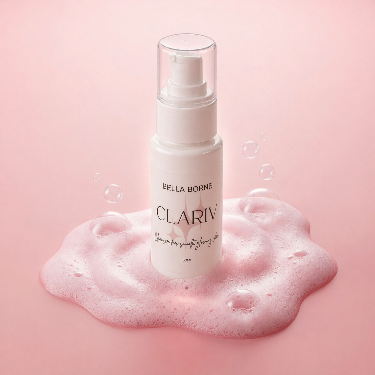 Bella Borne Clariv skincare product with pink foam on a pink background