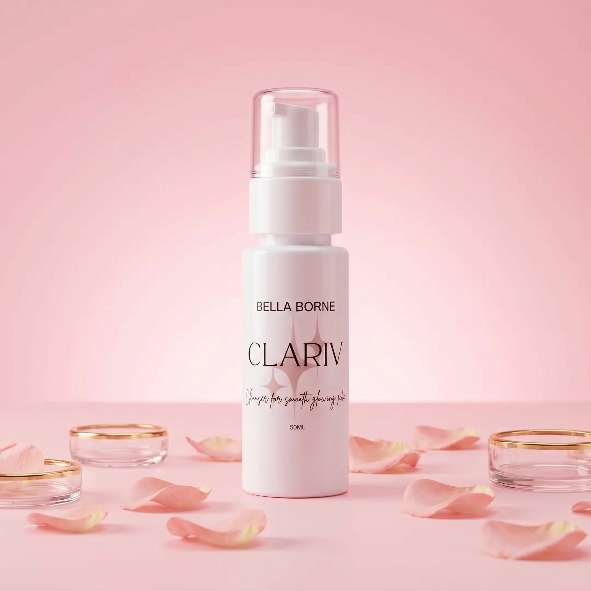 Bella Borne Clariv skincare product on a pink background with rose petals
